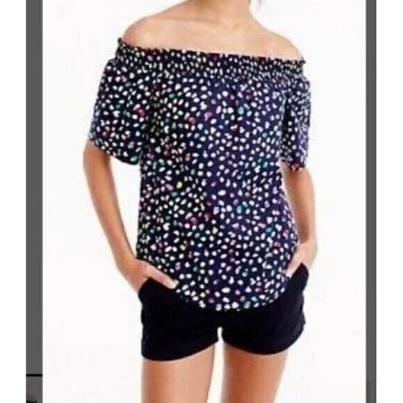 J. Crew Womens 6 Off The Shoulder Top in Ratti Happy Cat Multicolored Polka Dot - Picture 1 of 16